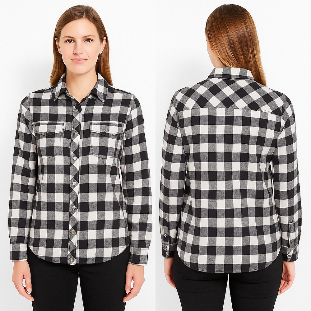 JACHS GIRLFRIEND Button Down Shirt Size Medium Black White Buffalo Plaid Flannel